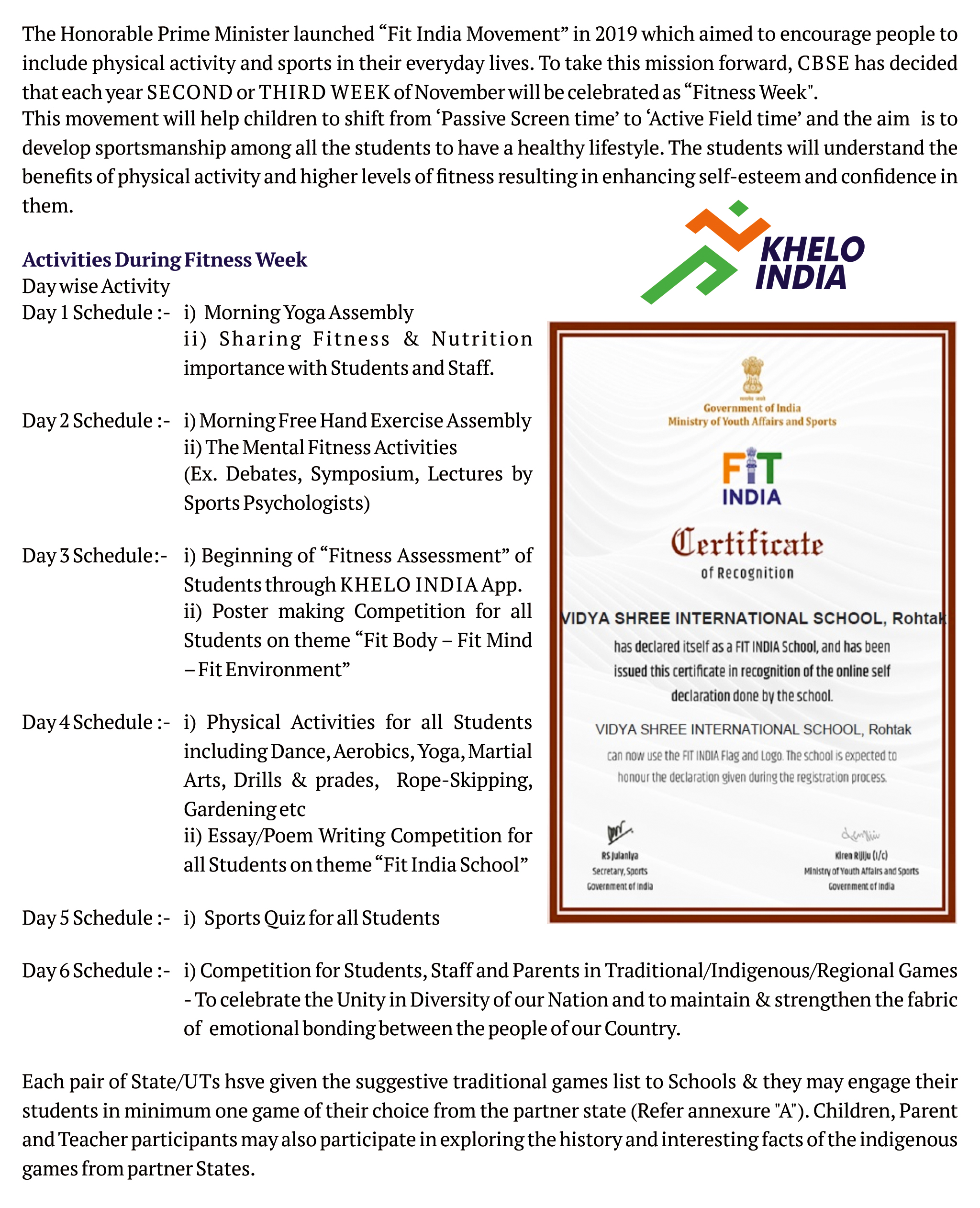 FIT India School Certification by Govt. of India